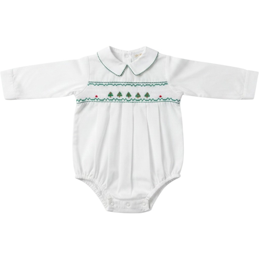 Sir John by Rosalina Baby Boys Christmas Tree Smocked Bubble Romper White 6M